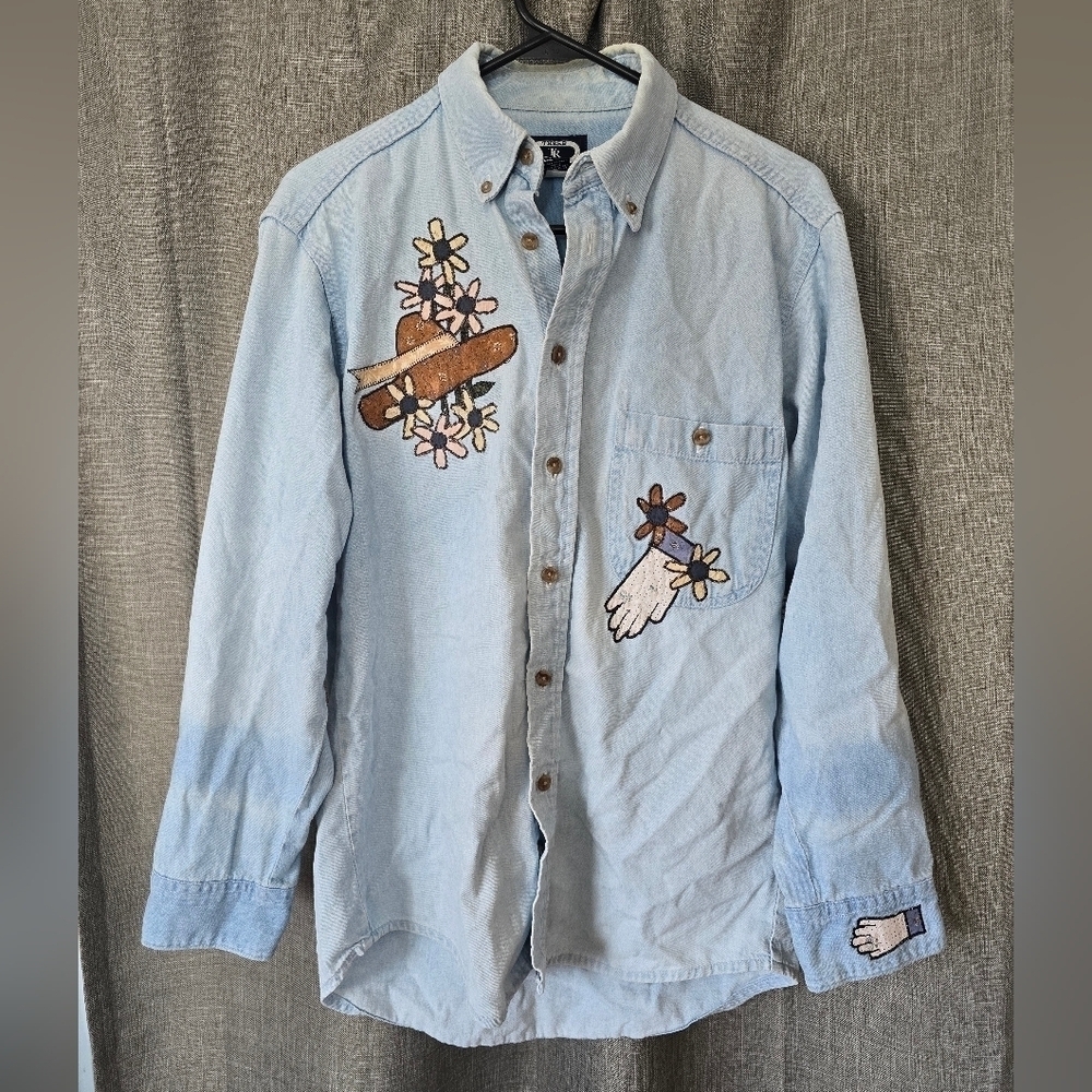 Three Rivers Vtg 90s Embroidered Gardening Denim Chambray Button Down Top Size S